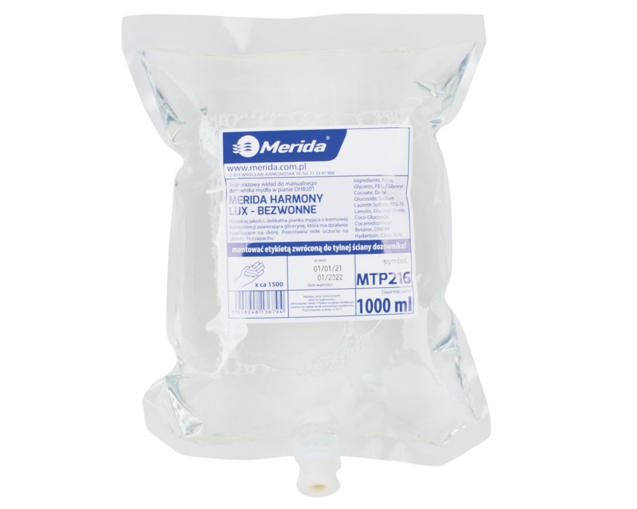 Mydło w pianie MERIDA HARMONY LUX BEZWONNE, wkład jednorazowy 1000 ml, bez zapachu
