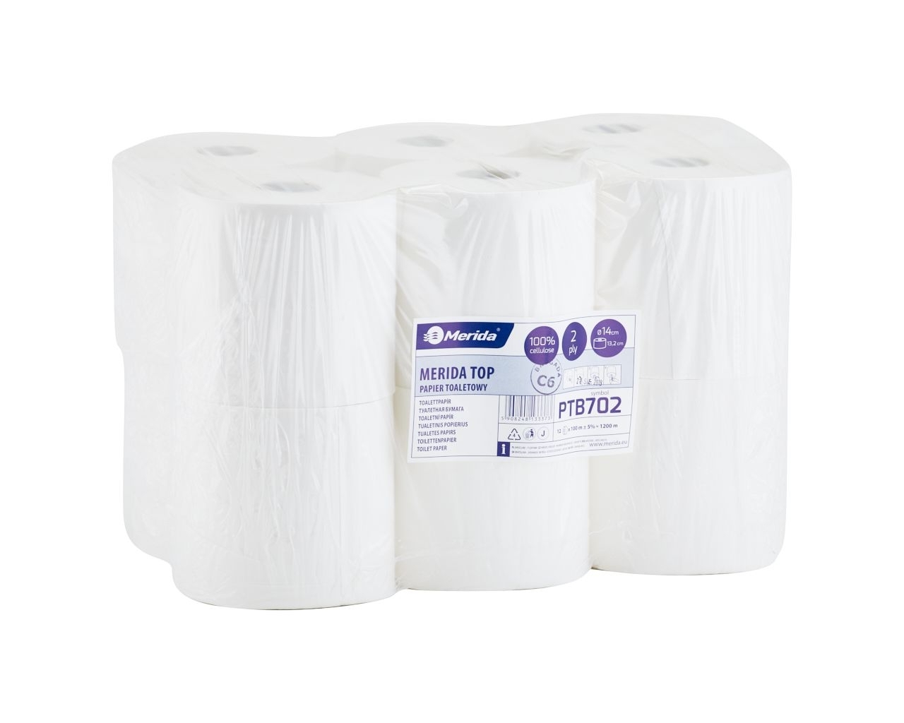 Papier toaletowy MERIDA TOP, biały, średnica 14 cm, długość roli 100 m, opakowanie 12 sztuk
