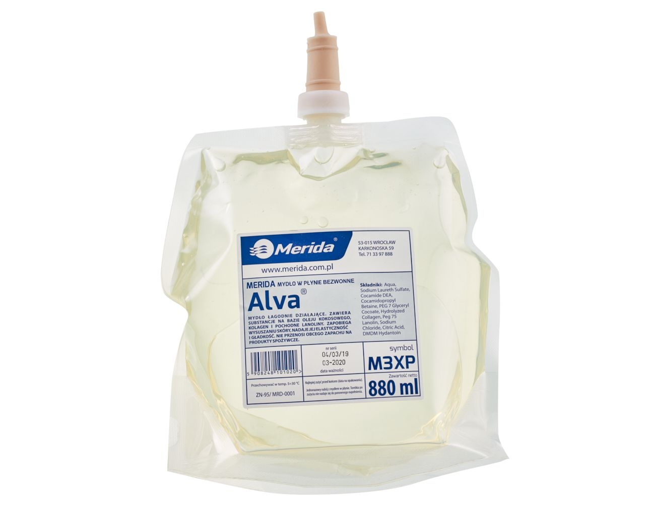 Specjalistyczne mydło w płynie dla przemysłu spożywczego MERIDA ALVA BEZWONNE, wkład jednorazowy 880 ml
