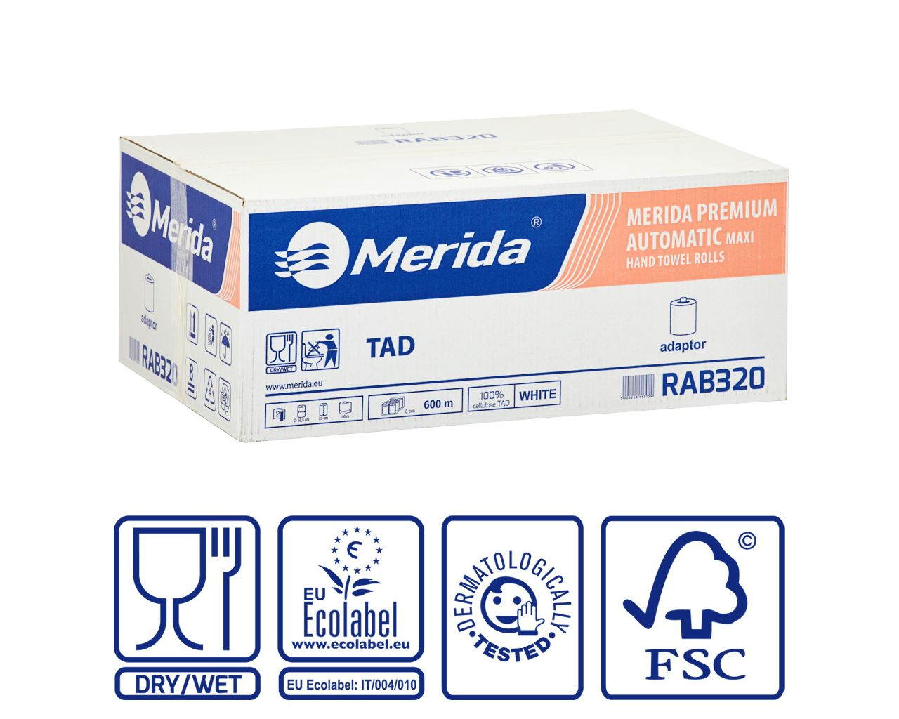 Ręczniki w roli z adaptorem MERIDA PREMIUM TAD AUTOMATIC MAXI, białe, celulozowe, dwuwarstwowe, karton 6 rolek, 600 m